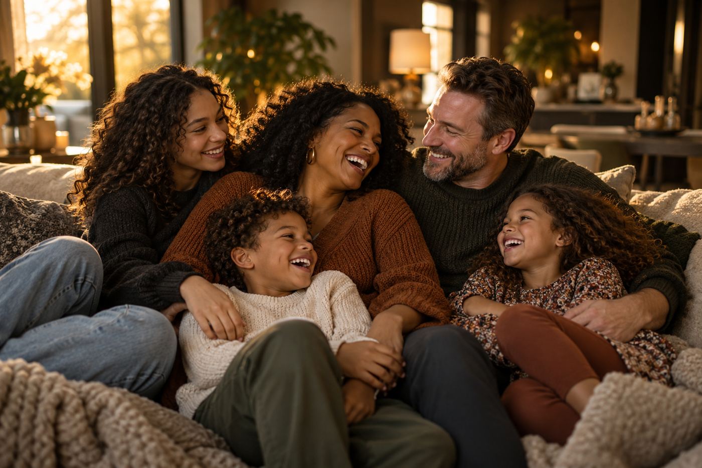 A blended family laughing together on the sofa at home