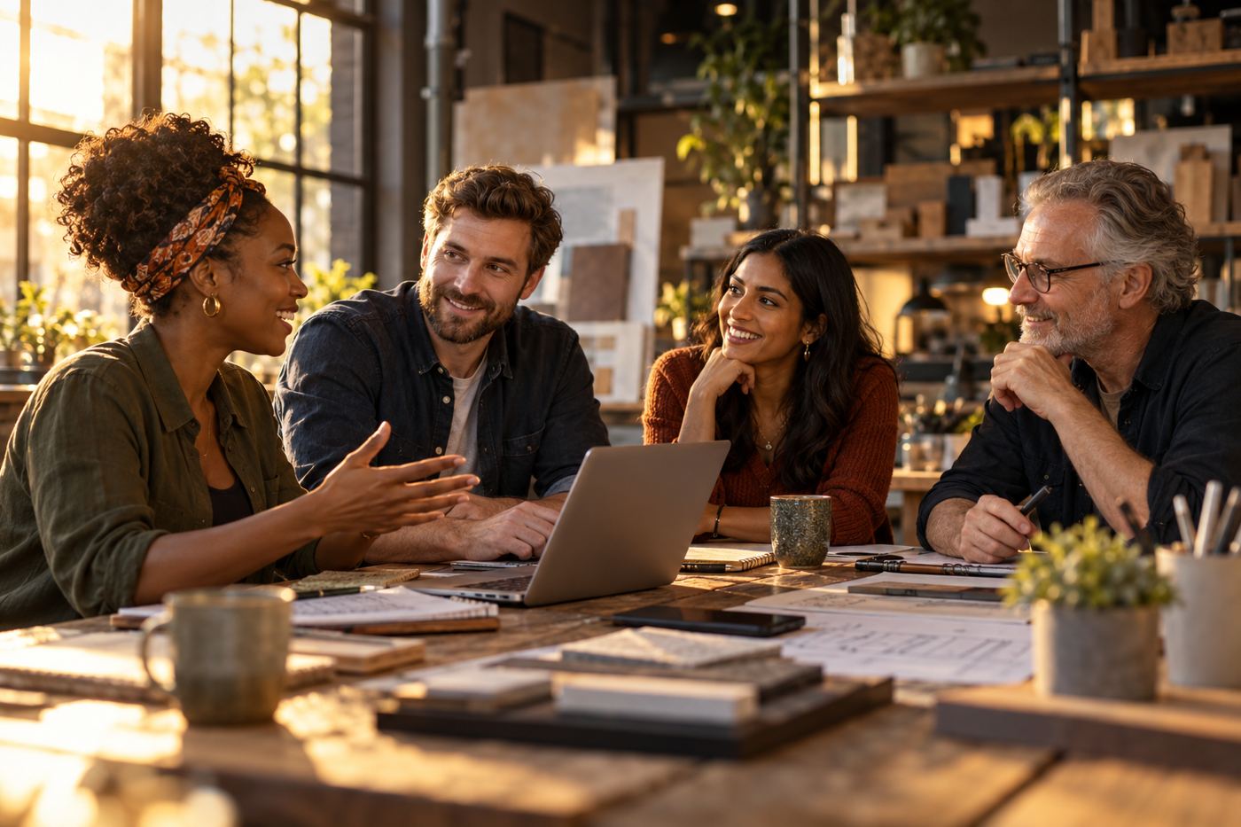 A diverse small business team in a meeting around a table