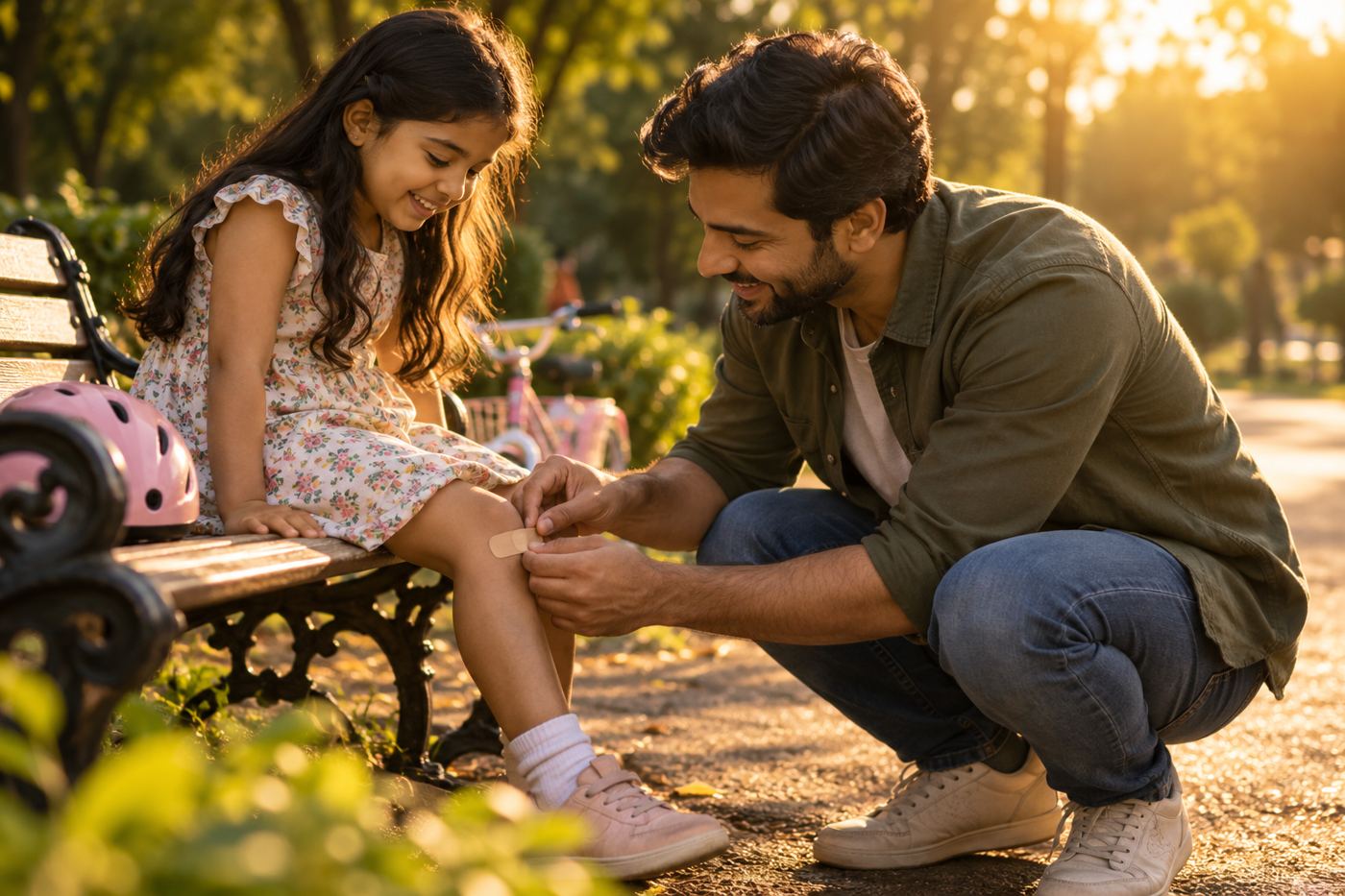 A father putting a plaster on his daughter's knee in the park