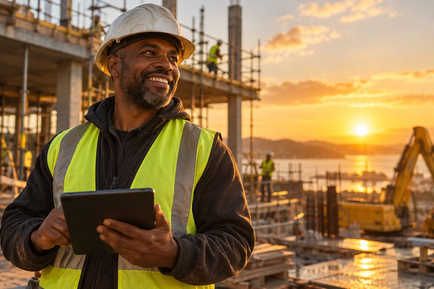 A smiling builder in a hard hat and hi-vis vest on a building site at sunrise