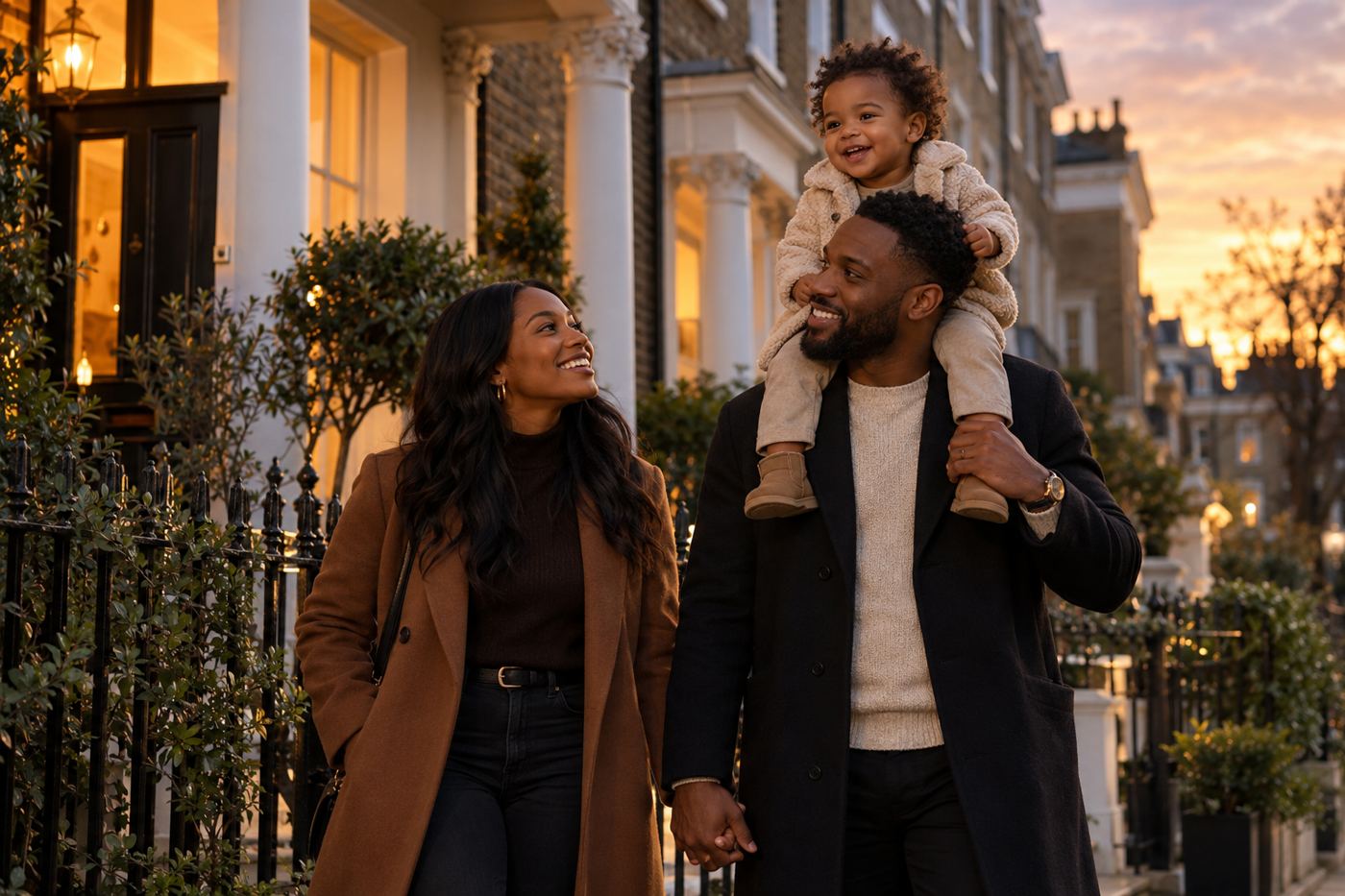 A couple walking outside their London home with their toddler on dad's shoulders
