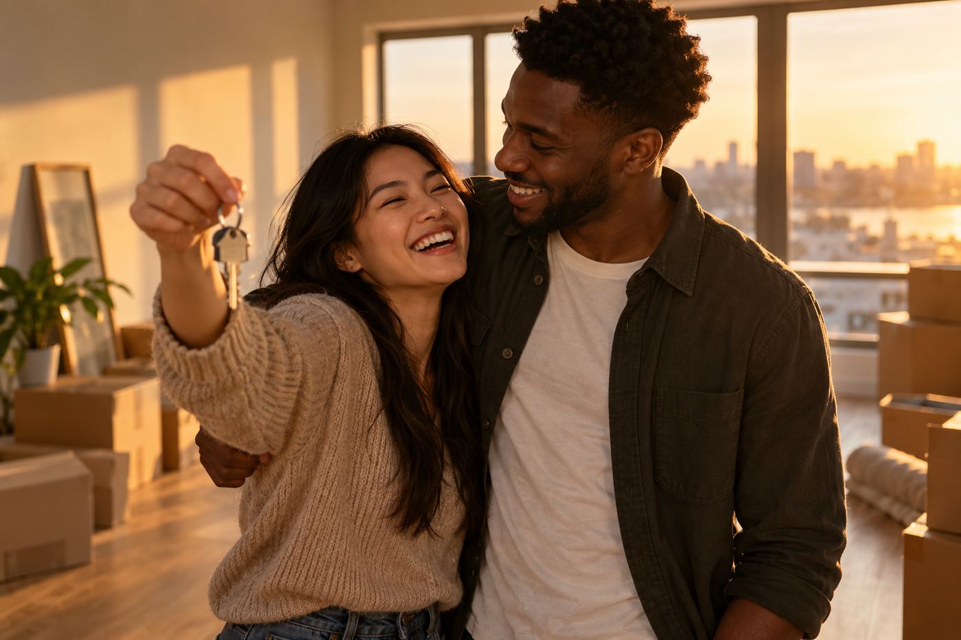 A young couple holding up the keys to their first home