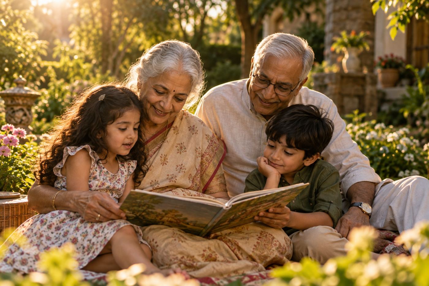 Grandparents reading a storybook to their grandchildren in the garden