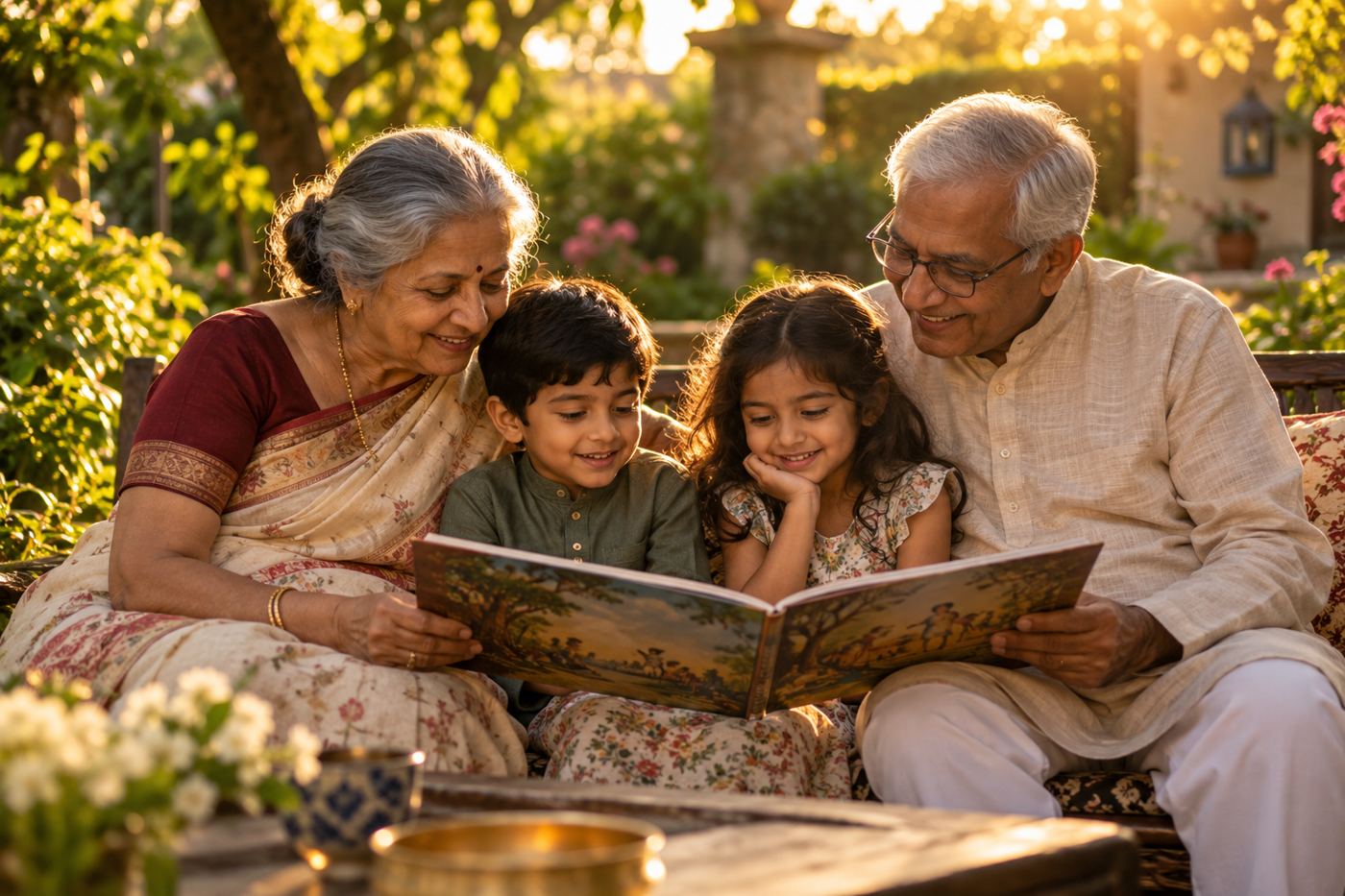 Grandparents and grandchildren sharing a book in the garden
