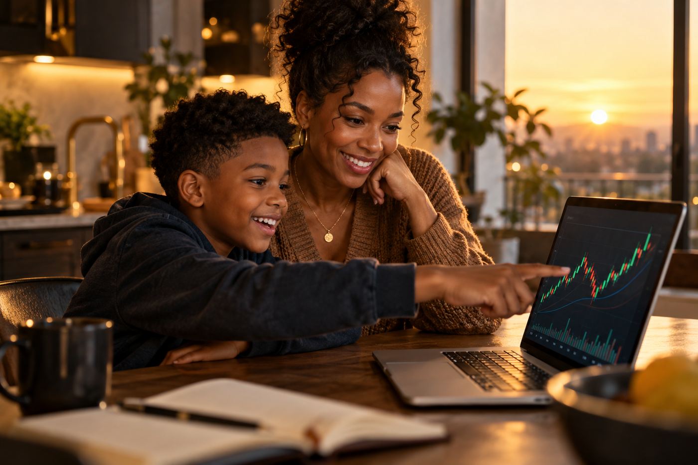 A mother and her son looking at a stock chart on a laptop