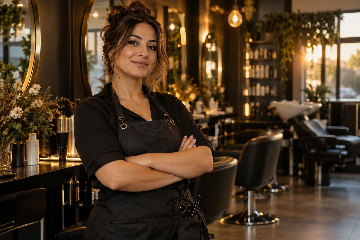A self-employed hairdresser standing proudly in her salon