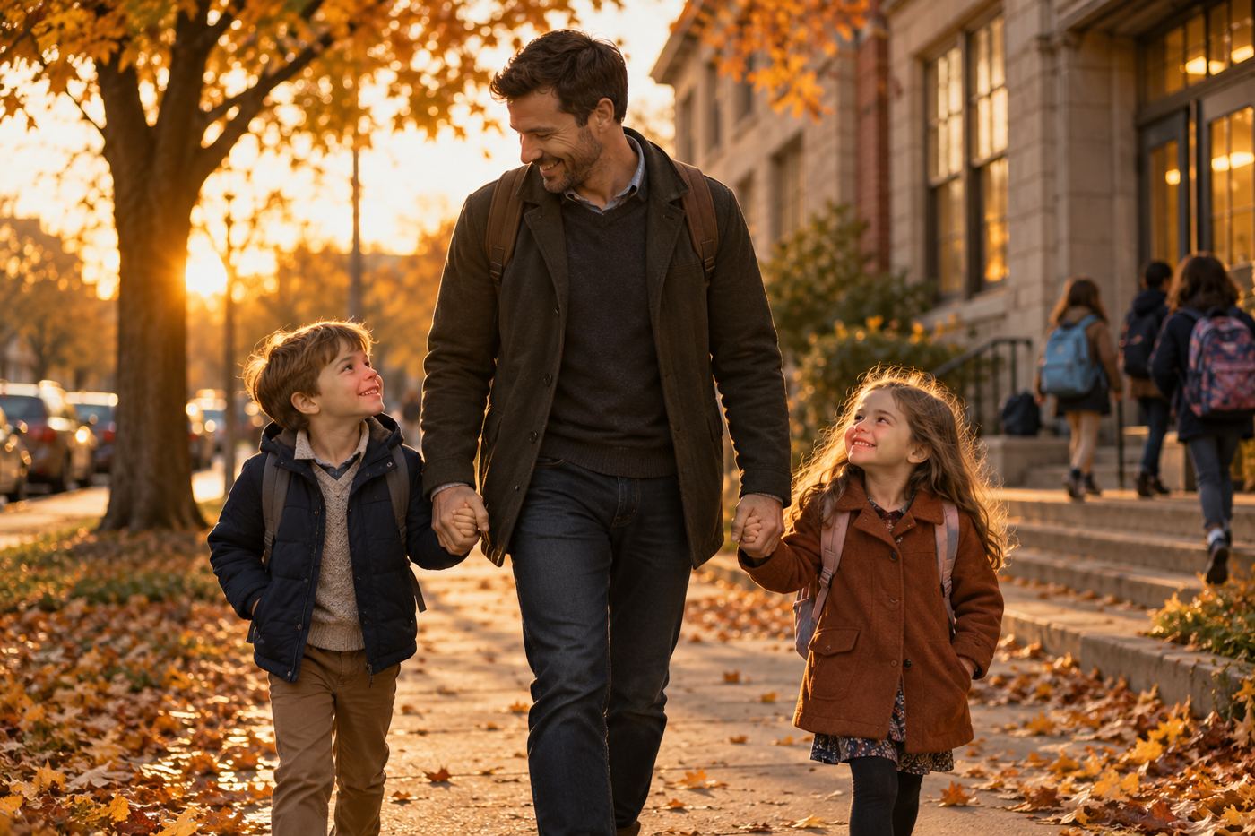 A father walking his two young children to school