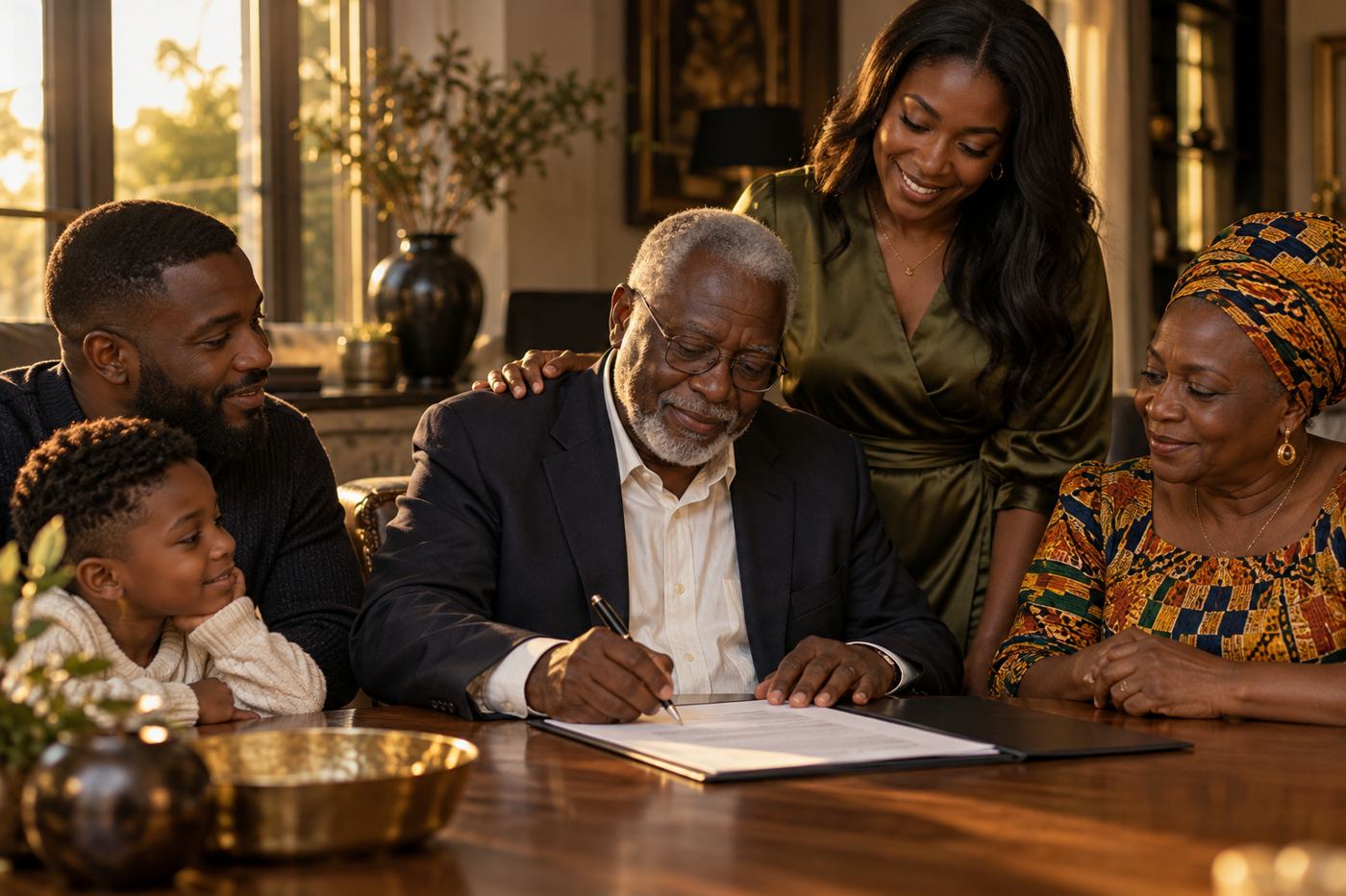 A family gathered around as their father signs Trust paperwork
