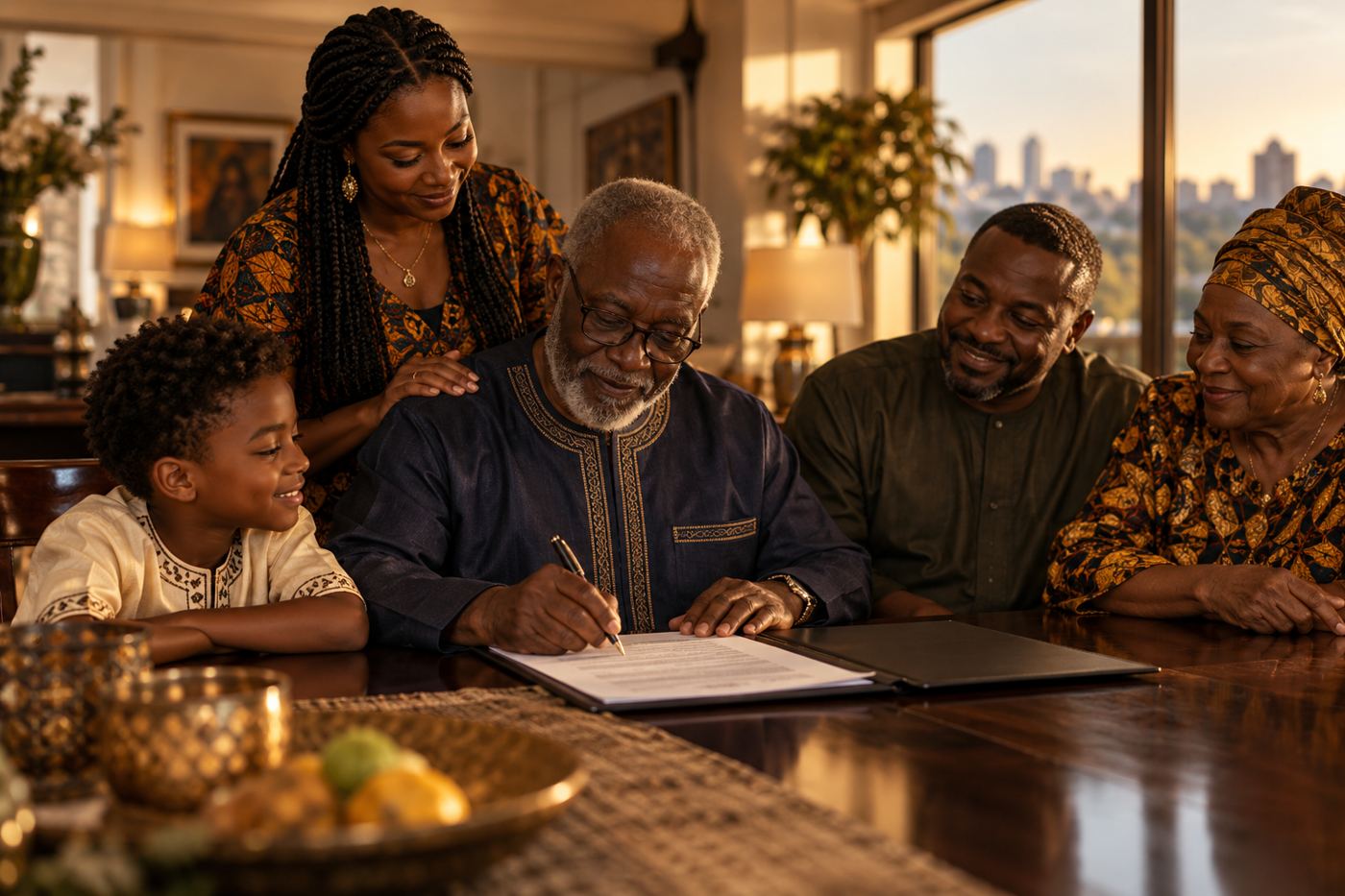 An older man signing his Will with his family around him